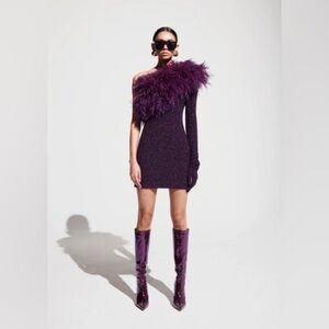 LaPointe Metallic Jersey One Shoulder Dress with Feathers Amethyst